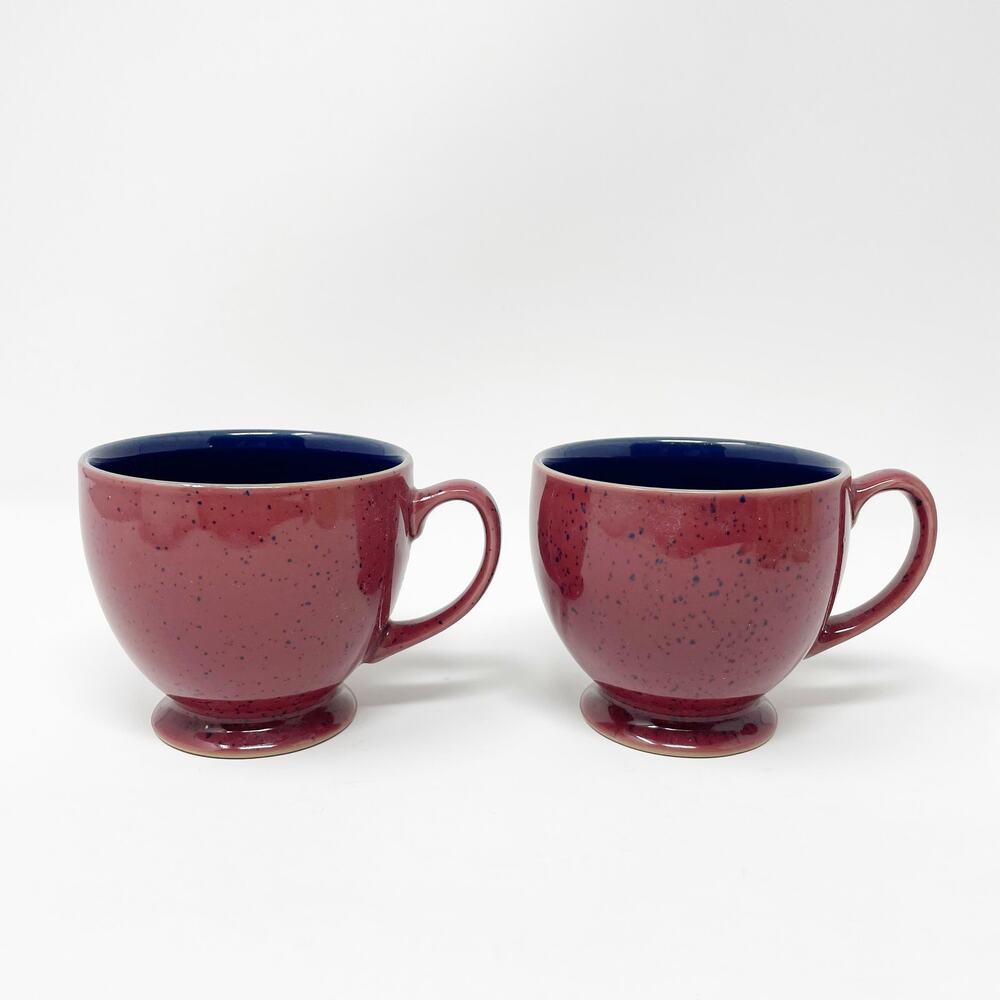 Denby Harlequin Red Speckled Blue Stoneware Coffee Cup Tea Pair Made in England